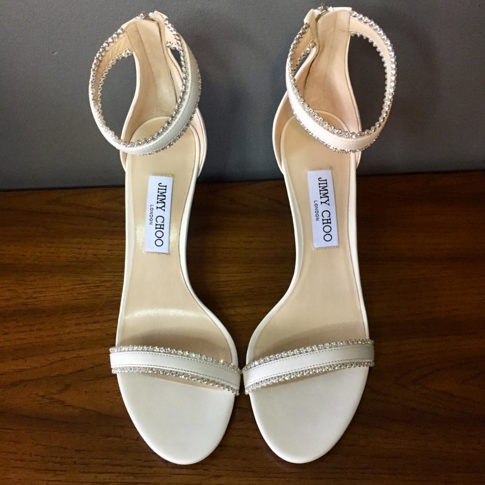 Jimmy Choo Dochas Size 40.5 Latte Leather with Jewel Trim Bridal Sandals Heels - Picture 7 of 15